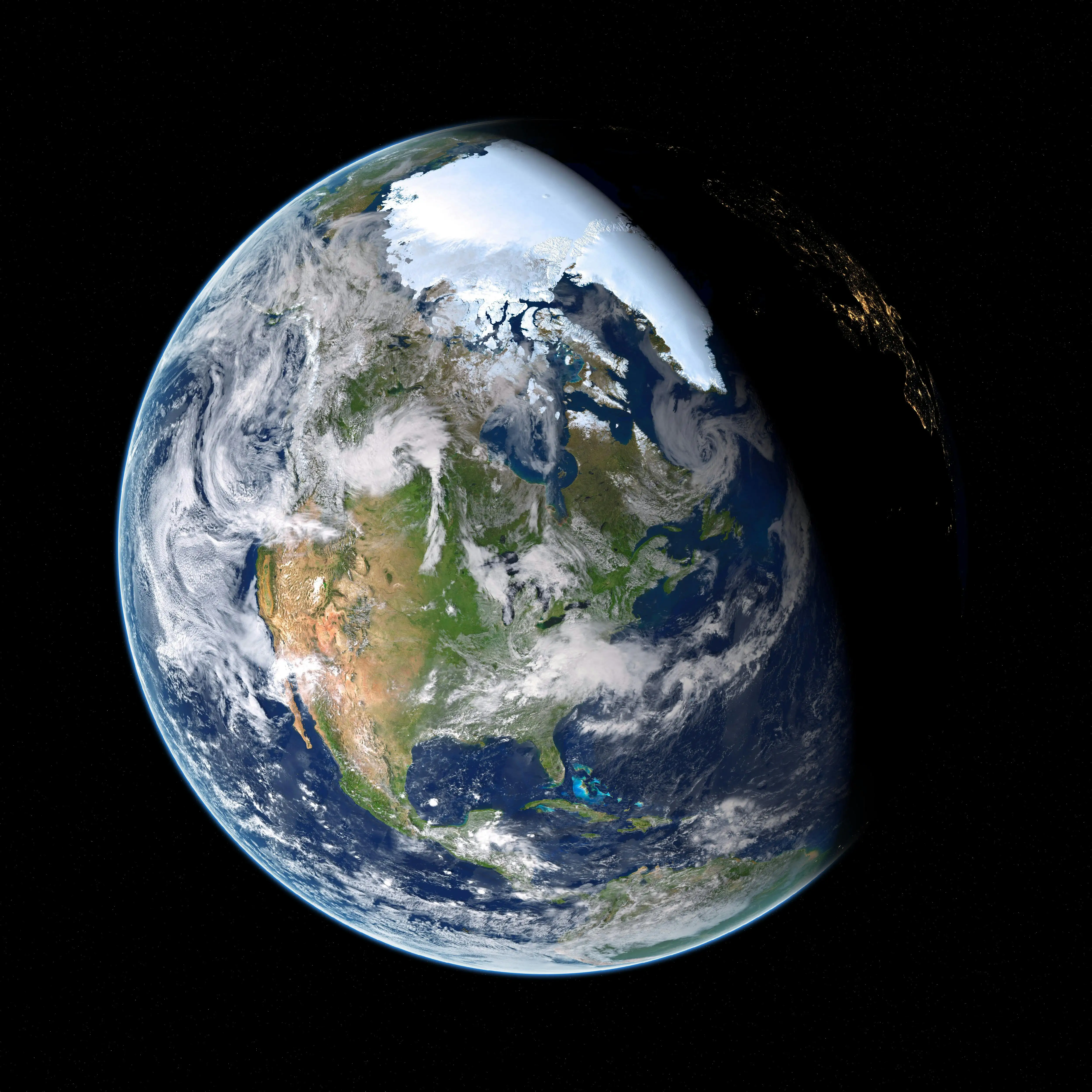 Earth from space, North America lit by the rising sun